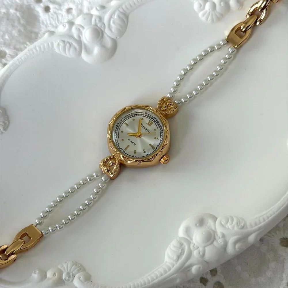 Sku0491 Retro Gold White Pearl Women Fashion Round Watch Bracelet +‎ gift bag